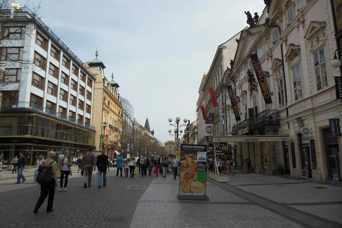 Fodgængere går ned ad den brede brolagte gade Na Příkopě i Prag, mellem butikker og gamle palæer